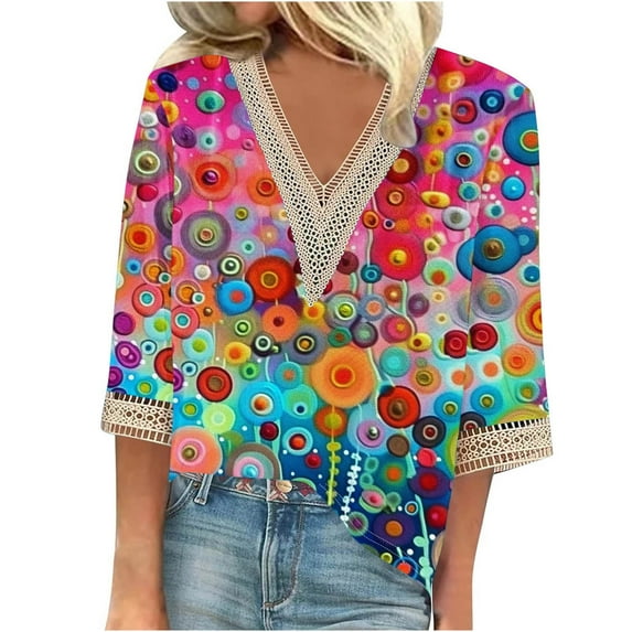 Feancey Women Lace V Neck Tops Casual 3/4 Sleeve Vintage Print Blouses Summer Plus Size Loose Tunics 2025 Going Out T-shirts
