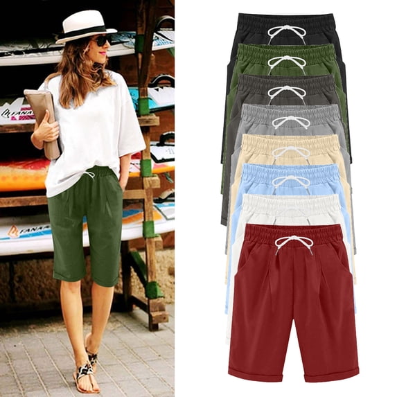 Feancey Women Linen Bermuda Shorts Roll Up Knee Length Beach Shorts Drawstring Elastic Waist Straight Leg Shorts Solid Color Short Pants with Pockets Light Blue L