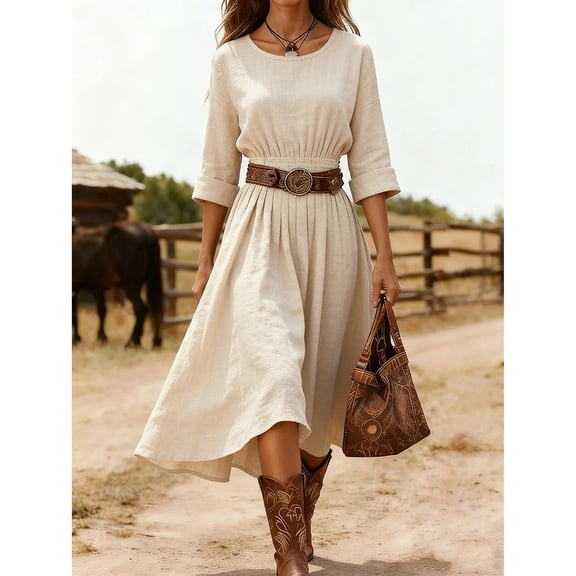 Feancey Women Linen Dress Summer Long Sleeve A-Line Midi Dresses Western Cowgirl High Waist Pleated Dress Flowy Swing Vacation Dresses No Belt Beige L