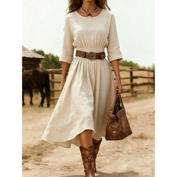 Feancey Women Linen Dress Summer Long Sleeve A-Line Midi Dresses Western Cowgirl High Waist Pleated Dress Flowy Swing Vacation Dresses No Belt Beige XXL