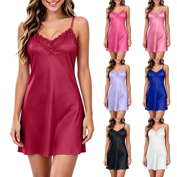 Feancey Women Lingerie Satin Lace Chemise Nightgown V Neck Sleeveless Full Slip Nightdress Cozy Soft Short Night Gowns Elegant Ladies Sleepwear Purple Free Size