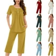 thumbnail image 1 of Feancey Women Pajamas Sets Short Sleeve Casual 2 Piece Pjs Set Front Pleated Button Blouse and Capri Pants Sleepwear Two Piece Loungewear Outfits Blue 3XL, 1 of 6