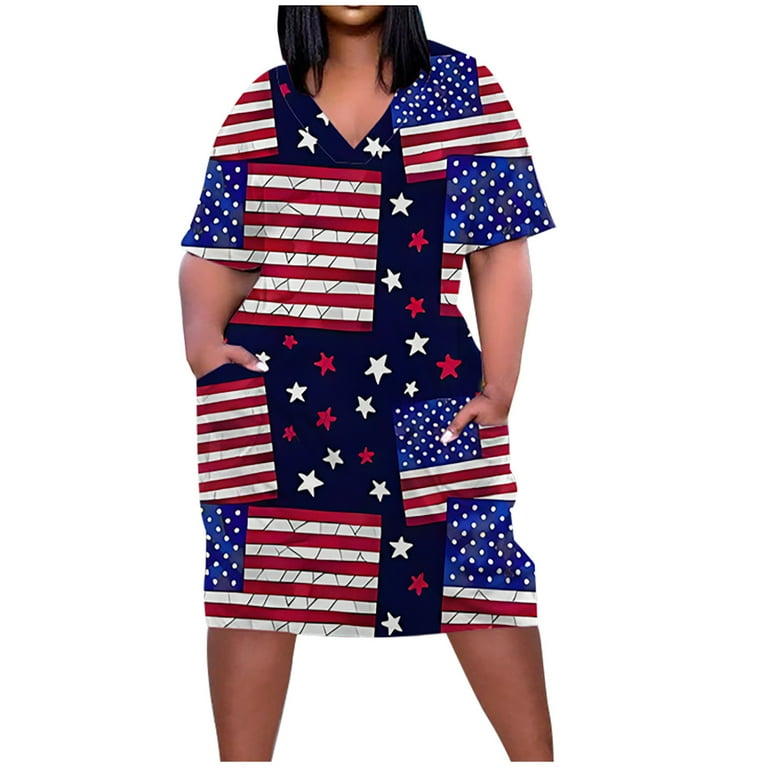Feancey Women Plus Size Dress American Flag Print Mini Dresses 4th of July Patriotic Dress Short Sleeve V Neck Knee Length Loose Short Dresses Red XXL