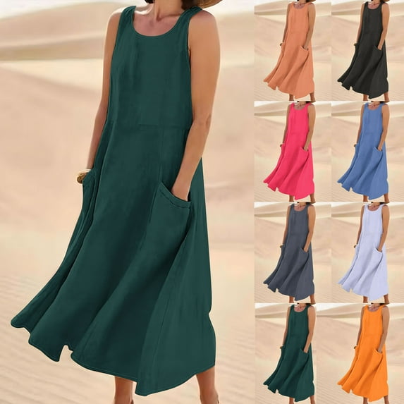 Feancey Women Plus Size Dresses with Pockets Summer Sleeveless Loose Maxi Dress Pleated Casual Flowy Beach Dresses Loose Fit Long Dresses with Pockets Sales