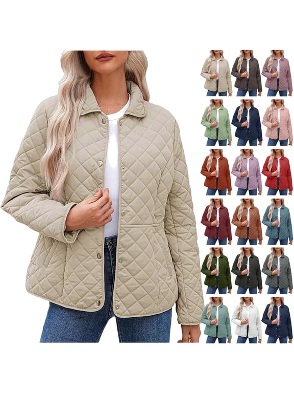 Women Plus Size Puffer Jackets Trendy Diamond Quilted Jacket Oversized Casual Snap Button Down Coats Solid Lightweight Warm Outwear Beige XL