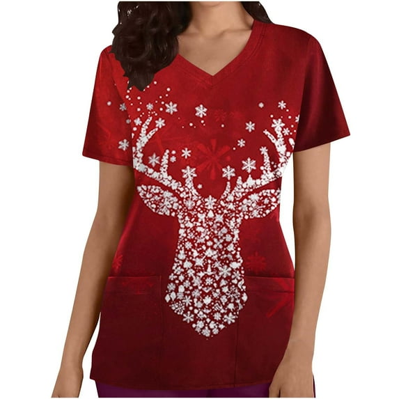 Feancey Women Printed Scrub Tops Christmas Reindeer Printed Medical Scrubs Stretchy Casual V Neck Nursing Uniforms Short Sleeve Holiday Workwear Big Deal Days Multicolor S