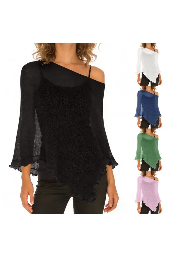 Women Sheer Poncho Top Knit Crochet See Through Shawl Ruffle Long Sleeve Irregular Hem Shrugs Lightweight Beach Cover Up Tops Dark Blue Free Size