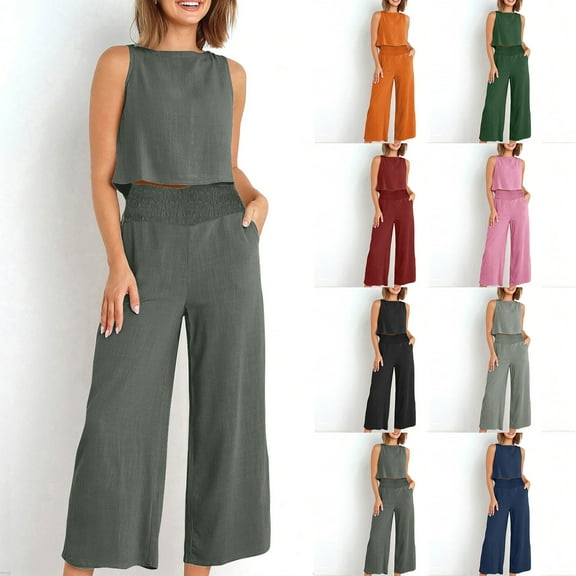 Feancey Women Summer 2 Piece Outfits Sleeveless Tank Crop Top Wide Leg Pants Cotton Linen Casual Beach Matching Sets Limited Time Sales Today Orange M