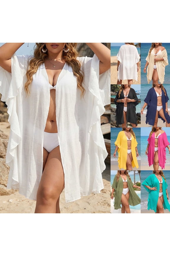 Women Summer Shawl Wraps Swimsuit Cover Ups Beach Swimwear Ruffle Sleeve Open Front Cardigans Lightweight Casual Bikini CoverUps Army Green Free Size
