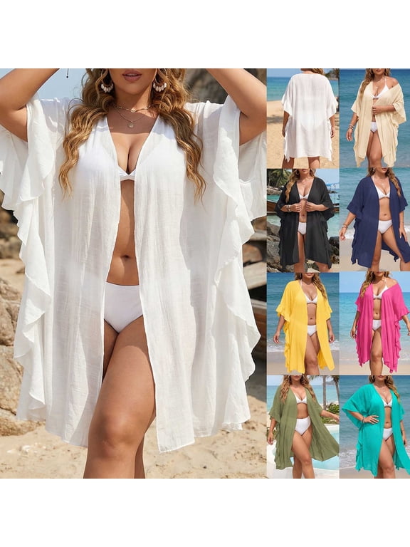 Women Summer Shawl Wraps Swimsuit Cover Ups Beach Swimwear Ruffle Sleeve Open Front Cardigans Lightweight Casual Bikini CoverUps Navy Free Size