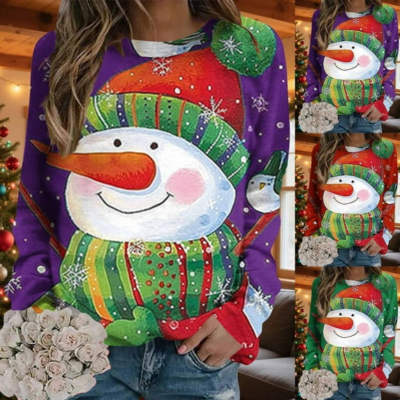 Feancey Women Ugly Christmas Sweatshirts Cute Snowman Print Long Sleeve Shirt Lightweight Casual Crewneck Pullover Tops Loose Fit Tunic Sweatshirt Purple XXL
