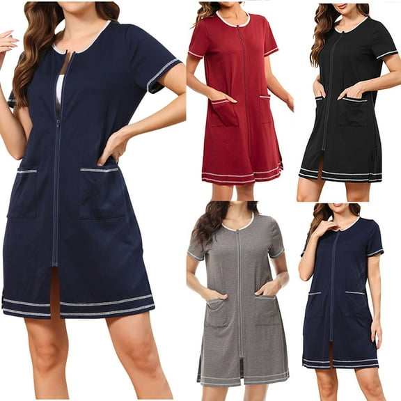 Feancey Women Zipper Robes Short Sleeve Casual Cotton Nightgowns Soft Lightweight Knee Length Bathrobe Cozy Loungewear Housecoat with Pockets Back to School Prime Sales Navy L