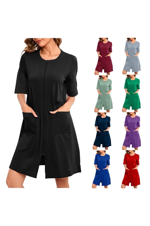 Women Zipper Up Robe Short Casual 3/4 Sleeve Nightgown Stretch Soft Housecoat Comfy Loose Bathrobe with Pockets 90% off Clearance Sale Gray S