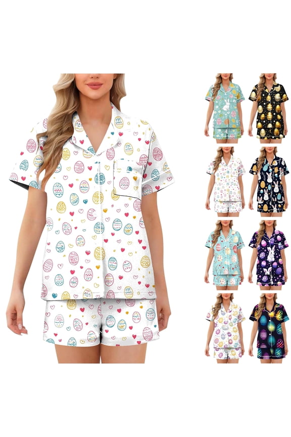 Women's 2 Piece Easter Pajamas Set Cute Bunny Printed Matching Pjs Sets Comfy Casual Button Down Sleepwear Outfits White L