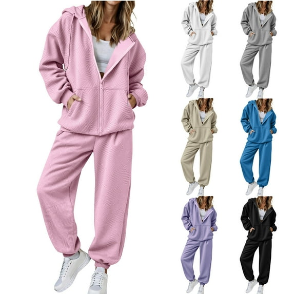 Feancey Women's 2 Piece Outfits Hoodie Sweatsuit Sets Workout Zip Up Sweatsuits Baggy Jogger Travel Matching Set with Pockets Purple M