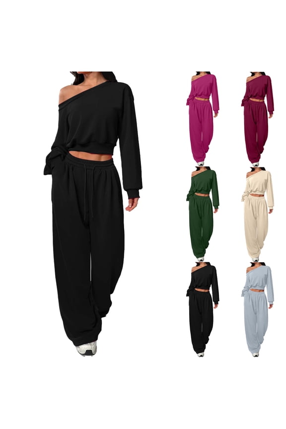Women's 2 Piece Outfits Off Shoulder Long Sleeve Crop Top Wide Leg Sweatpants Matching Sets Fashion Travel Sweatsuits Set Beige XXL