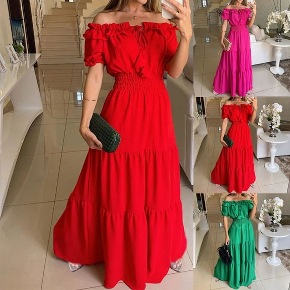 Feancey Women's 2025 Fashion Maxi Dresses Puff Sleeve Off Shoulder Cocktail Dress Elegant Dressy Wedding Guest Dresses Casual High Waist Pleated Formal Dresses,Red,S