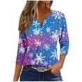thumbnail image 1 of Feancey Women's 3/4 Sleeve Blouse Christmas Henley Shirts Dressy Trendy Snowflake Print Tunic Tops Holiday Casual Button V Neck Blouses Purple 3XL, 1 of 5