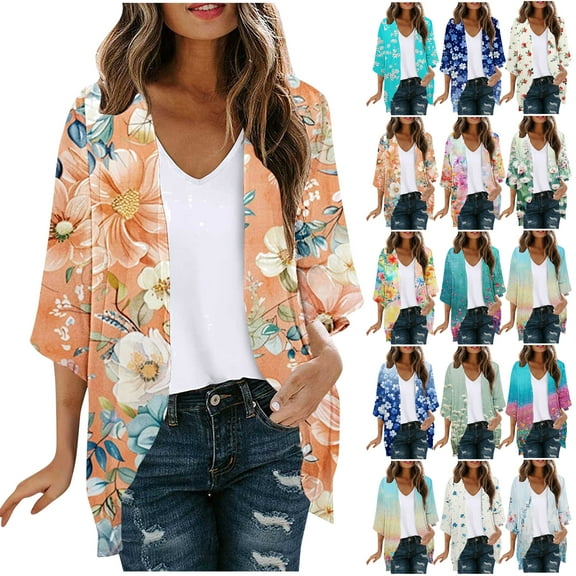 Feancey Women's 3/4 Sleeve Cardigan Lightweight Summer Cardigans Boho Floral Kimono Tops Hawaiian Beach Swimsuit Cover Ups Mother's Day Gifts Multicolor L
