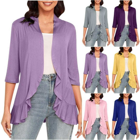Feancey Women's 3/4 Sleeve Casual Cardigans Summer Trendy Open Front Lightweight Cover Ups Ruffle Hem Cardigan Jackets for Work Purple M