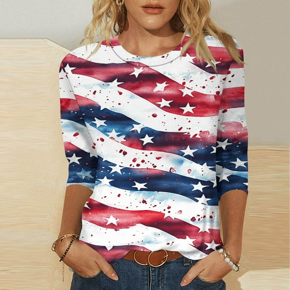 Feancey Women's 3/4 Sleeve Tshirt USA Stars and Stripes Print Tops 4th of July Crewneck Tee Independence Day Casual Loose Blouses Multicolor M