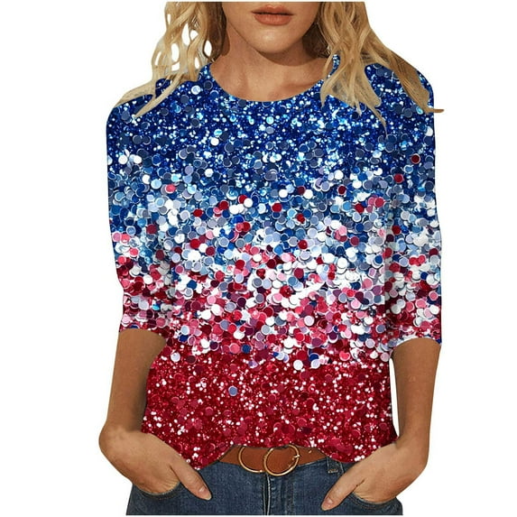 Feancey Women's 4th of July T Shirt Plus Size Trendy Sequin Print Tops for Women 3/4 Sleeve Crewneck Blouse Memorial Day Funny Cute Graphic Tees Red 4XL