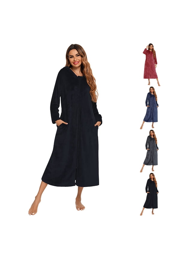 Women's Bathrobe with Zipper Comfy Fleece Hooded Nightgowns Long Sleeve Zip Up Robes with Pockets Cozy Soft Ladies Loungewear Black 2XL