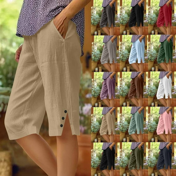 Feancey Women's Bermuda Shorts Knee Length Casual Linen Shorts Elastic High Waisted Beach Shorts Solid Color Loose Lounge Shorts with Pockets Dark Gray XXL