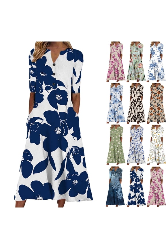 Women's Boho Summer Dresses Button Casual V Neck Short Sleeve Maxi Dress Vintage Floral Print T Shirt Dresses for Vacation with Pockets Beige XL