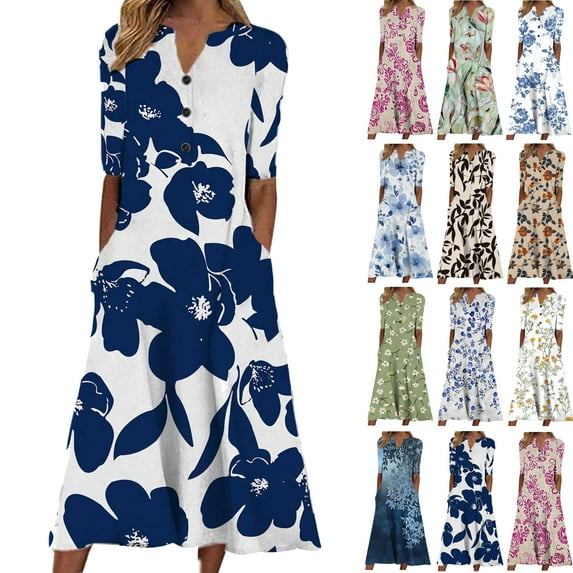 Feancey Women's Boho Summer Dresses Button Casual V Neck Short Sleeve Maxi Dress Vintage Floral Print T Shirt Dresses for Vacation with Pockets Navy M