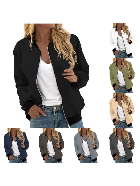 Women's Bomber Jacket Fall Casual Zip up Jackets Long Sleeve Windbreaker Biker Jacket Solid Color Loose Baseball Jackets Black XXL