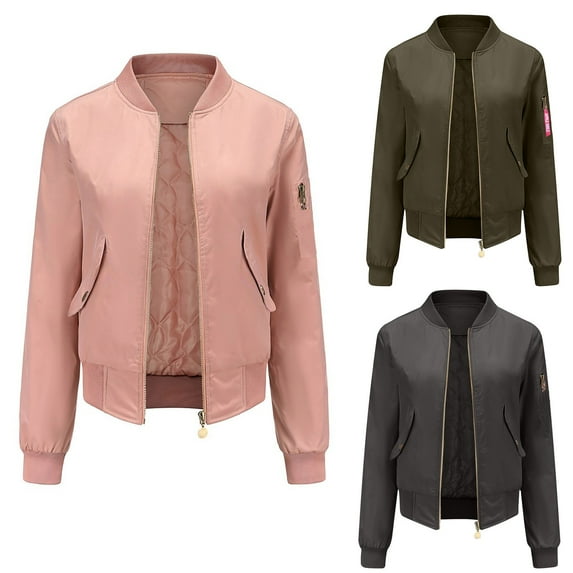 Feancey Women's Bomber Jacket Quilted Lined Zip Up Baseball Jackets Fall Winter Casual Windbreaker Fashion Outerwear with Pockets Pink L