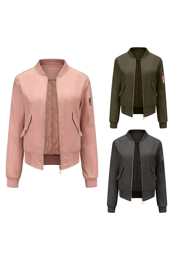 Women's Bomber Jacket Quilted Lined Zip Up Baseball Jackets Fall Winter Casual Windbreaker Fashion Outerwear with Pockets Pink XL