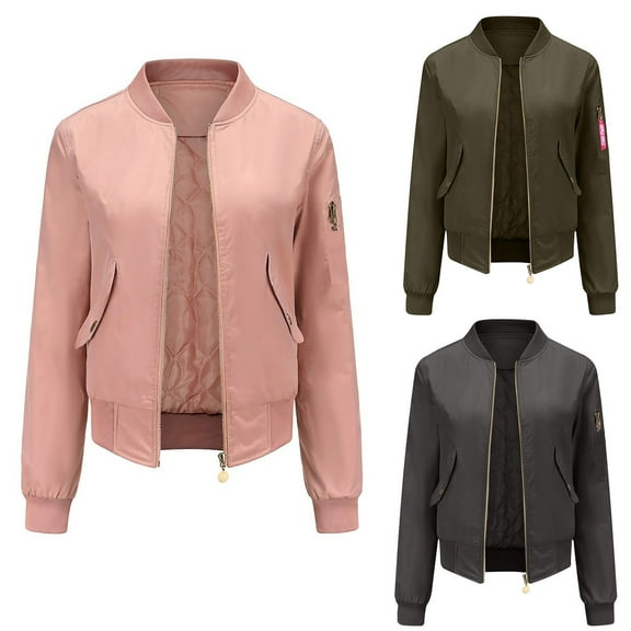 Feancey Women's Bomber Jacket Quilted Lined Zip Up Baseball Jackets Fall Winter Casual Windbreaker Fashion Outerwear with Pockets Pink XL