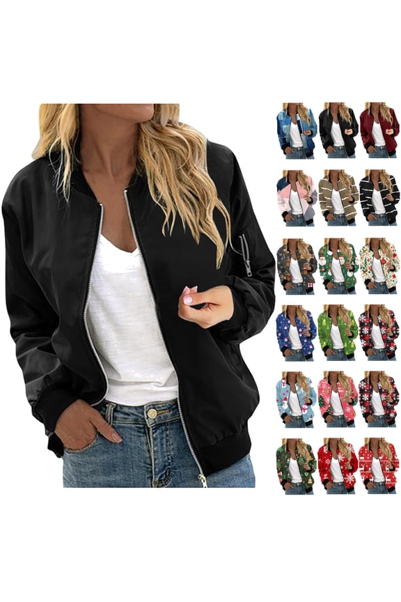 Women's Bomber Jackets Lightweight Fashion Color Block Zip Up Trucker Jackets Fall Casual Long Sleeve Elastic Ribbed Comfy Flight Jacket with Pockets Back to School Clearance,Pink,XL