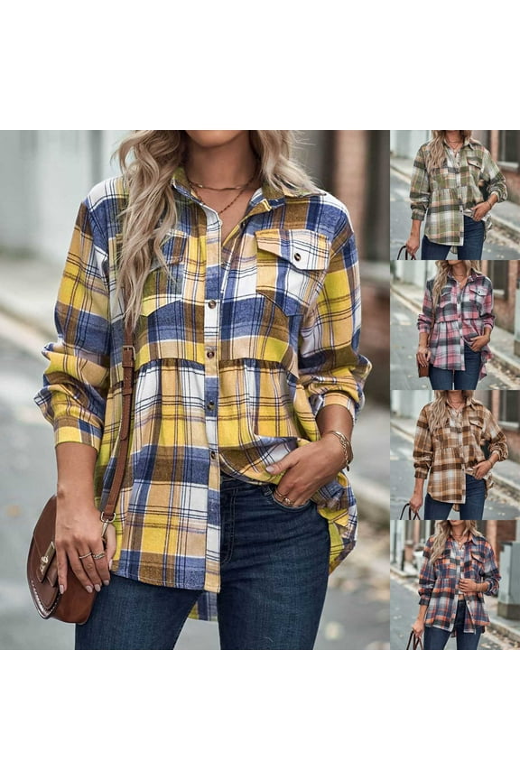 Women's Button Down Shirts Long Sleeve Plaid Shacket Lightweight Casual Gingham Shirt Dressy Trendy Going Out Blouses with Pockets Pink S