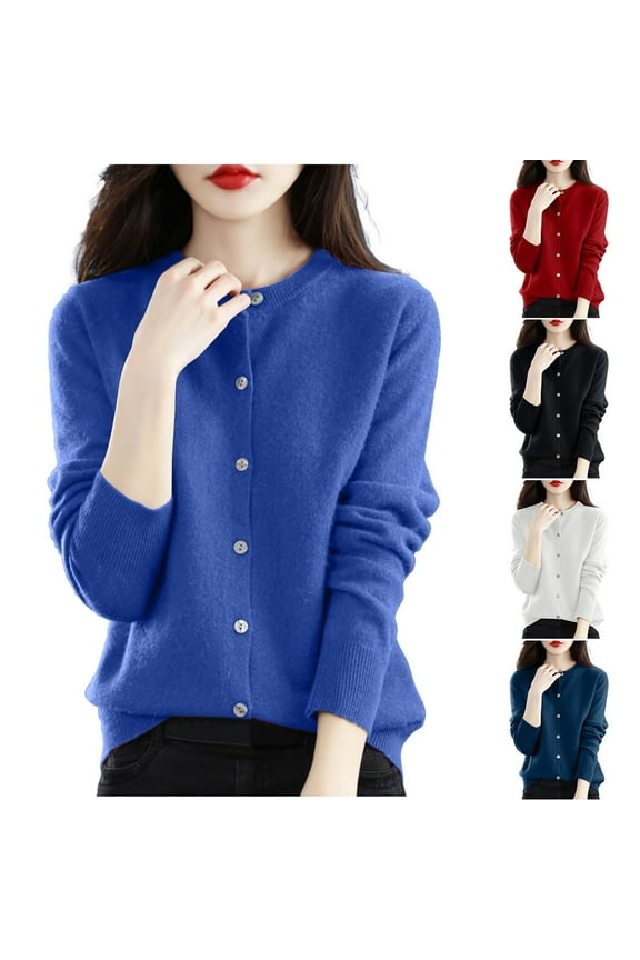 Women's Cardigan Sweater Round Neck Single Breasted Sweater Jacket Stretchy Slim Fit Button Knit Top Solid Color Short Cardigans for Women Weekly Sales Red M