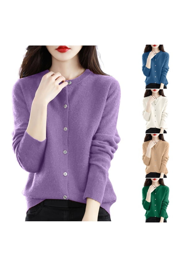 Women's Cardigan Sweaters Lightweight Casual Round Neck Knitted Cardigans Solid Color Single Breasted Sweater Top Soft Fall Ribbed Knit Jackets Beige M