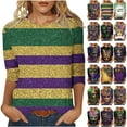 thumbnail image 1 of Feancey Women's Carnival T-Shirts Mardi Gras 3/4 Sleeve Plus Size Tops Holiday Novelty Print Graphic Tees Loose Fit Crewneck Pullover New Orleans Party Blouse Multicolor XXL, 1 of 6