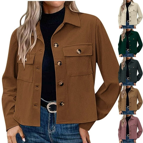 Feancey Women's Casual Corduroy Jackets Soft Warm Button Down Shacket Jacket Long Sleeve Fall Outerwear with Pockets 2024 Fashion Clothes Big Deal Days Pink S