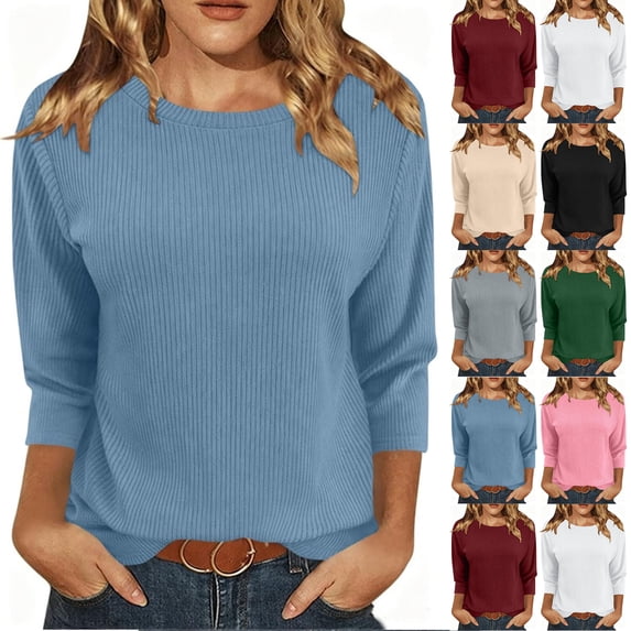 Feancey Women's Casual Tunic Tops Ribbed Knit 3/4 Sleeve T-Shirts Solid Color Breathable Crew Neck Tees Daily Office Work Wear Fashion Fall Outfits Pink XXL