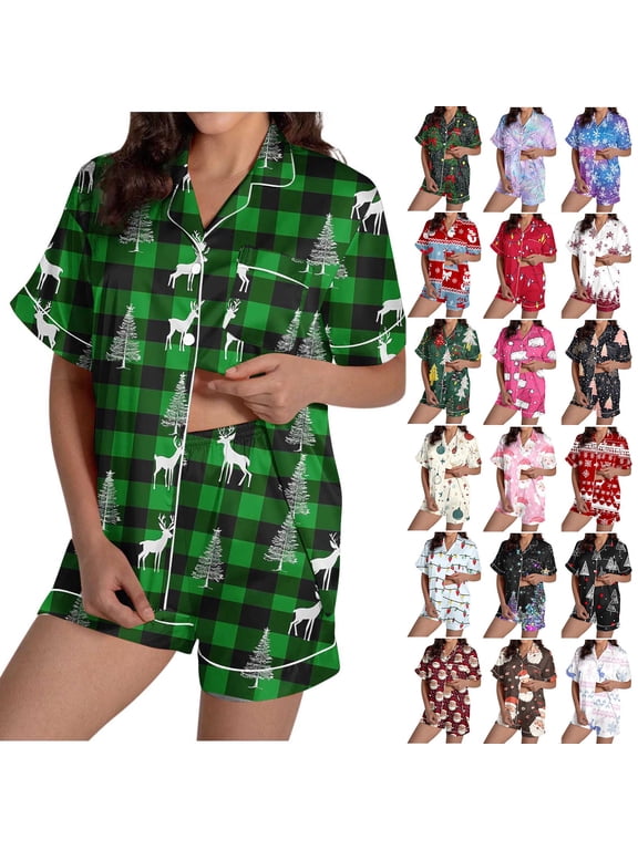 Women's Christmas Pajama Sets Funny Santa Claus Pjs Shorts Set Short Sleeve Button Down Sleepwear Xmas Gifts for Women Army Green S