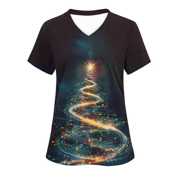 Feancey Women's Christmas Plus Size Scrub Tops Loose Fit Casual Short Sleeve V Neck Scrubs Shirts Holiday Novelty Print Working T-Shirt with Pockets Multicolor 4XL