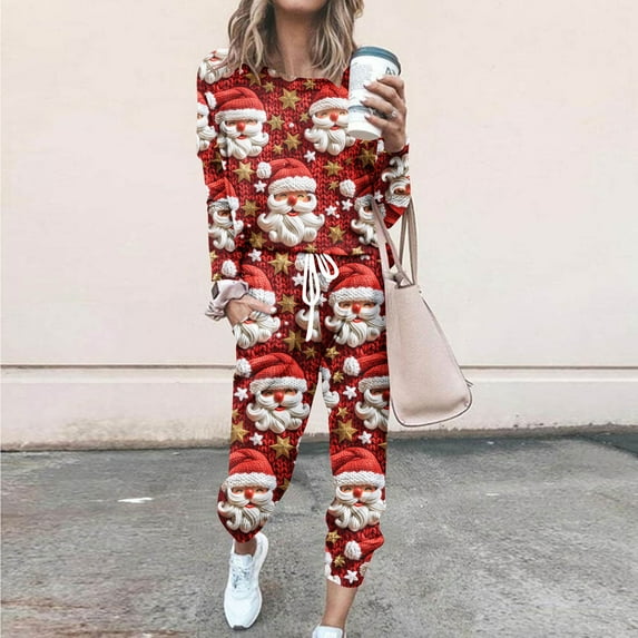 Feancey Women's Christmas Sweatsuits 3D Cute Santa Claus Print Lounge Tracksuit Sets Fall Long Sleeve Crewneck Pullover Jogger Pants Xmas 2 Piece Outfits On Sale Red L