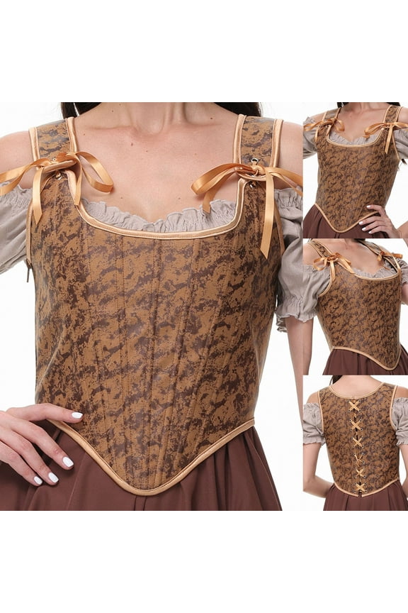 Women's Corset Tops Vintage Renaissance Bustier Push Up Medieval Corsets Gothic Shapewear Sleeveless Bow Tie Straps Tank Top Halloween Cosplay Costume Coffee M