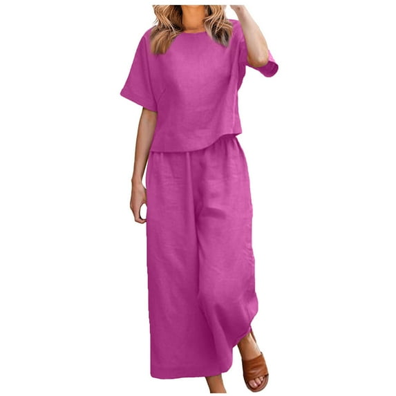 Feancey Women's Cotton and Linen Capri Sets Short Sleeve Crewneck Casual Outfits Summer Solid Color Casual Two Piece Set Loose Loungewear