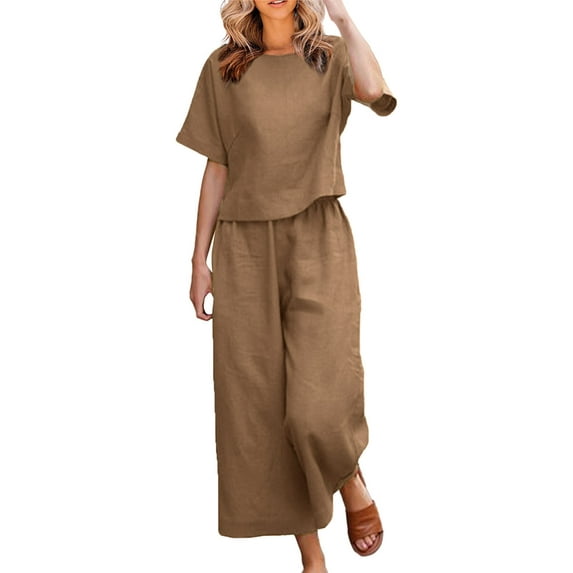 Feancey Women's Cotton and Linen Capri Sets Short Sleeve Crewneck Casual Outfits Summer Solid Color Casual Two Piece Set Loose Loungewear