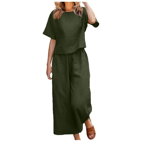 Feancey Women's Cotton and Linen Capri Sets Short Sleeve Crewneck Casual Outfits Summer Solid Color Casual Two Piece Set Loose Loungewear Clearance Today
