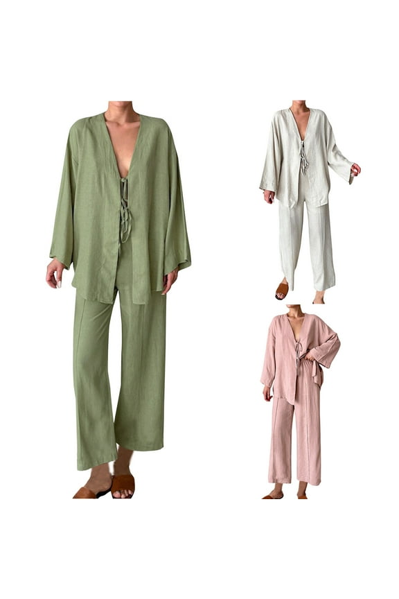 Women's Cozy Loose Fit Pajama Sets Tie Up Front Kimono Shirt and Lounge Pant 2 Piece Pjs Set Solid Color Casual Loungewear Two Piece for Women Army Green L