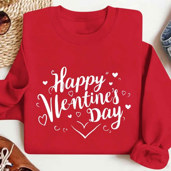 Feancey Women's Crewneck Pullover Sweatshirts Cute Love Heart Print Graphic Sweatshirt Comfy Fleece Lined Long Sleeve Shirt Fashion Spring Tops Red L
